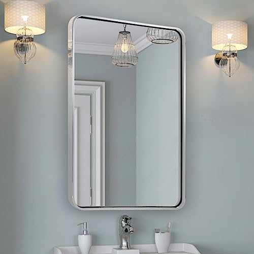 Image of ANDY STAR Chrome Bathroom Mirror, 22x30'' Rounded Rectangle Polished Nickel Mirror for Vanity, SUS304-Anti-Rust, Wall-Mounted Vertical /Horizontal 1'' Deep