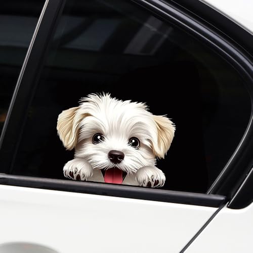 Image of Cute Animal Dog Car Sticker Waterproof PVC Double-Sided Printed Puppy Car Decal Funny Dog Peeking Decal for Car Window Bumper Truck Wall Laptop Car Decor (White Dog)