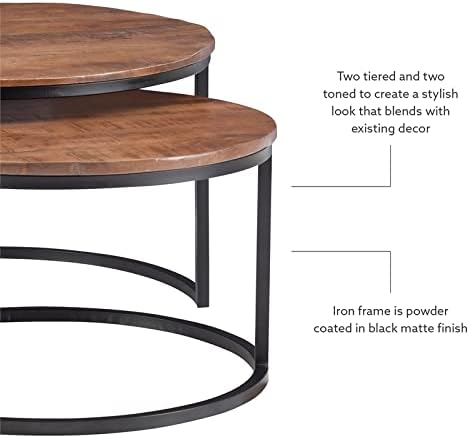 Pemberly Row Modern Nesting Coffee Tables, 31" Round Mango Wood and Metal, Black and Brown Finish, Space-Saving Set of 2, Contemporary Living Room Accent Tables for Apartments or Small Spaces