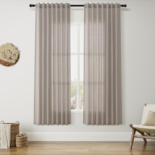 Image of Linen Curtains 72 Inch Long for Living Room Back Tab Stone Beige