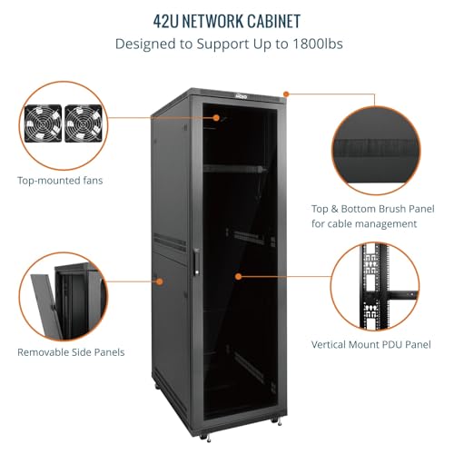 Image of Tecmojo 42U Server Rack Network Cabinet 31.5 inch D x 23.6 inch W, Locking Data Cabinet Enclosure for 19 inch Server, Networking, AV & IT Equipment, Clear Door, Black