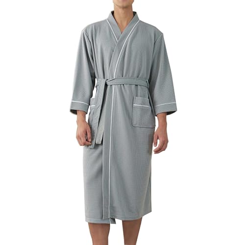 Mens Waffle Knit Robe Kimono Bathrobe Lightweight Soft Knee Length Spa Male Robe Plus Size Long Sleepwear