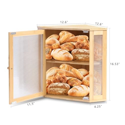 LByng Extra Large Bread Box, Corner Bread Box for Kitchen Countertop, Double Layer Bamboo Bread Keeper, Large Capacity Bread Storage Bin Organizer for Kitchen Counter Storage(Toast Tongs) - Image 2