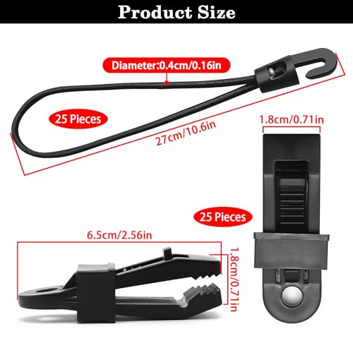 Yonality Lot de 25 Clips pour bâche de Tente et 25 tendeurs en Caoutchouc avec Crochets, Kits de Clip de Verrouillage Robuste, Pince de Toile de Tente Ajustable, pour bâches, auvents, bannières – vue 7
