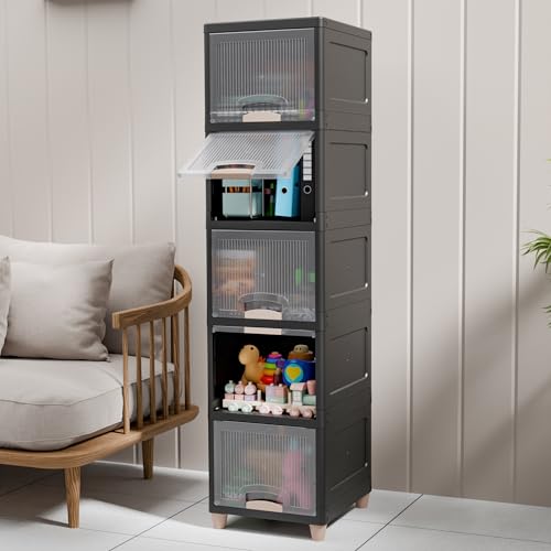 Image of TEX-RO 5XL Multipurpose Plastic Storage Cabinet with Drawers & Shelves| Wardrobe Organizer for Clothes | Toys & Books | Space-Saving Home Storage Cupboard | Black & Transparent