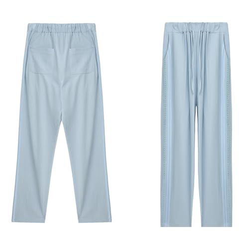 Wide Leg Pants Women Linen Pants Summer Beach Pants Casual Elastic Waist Drawstring Pants Stylish Lace Pants Sky Blue S4