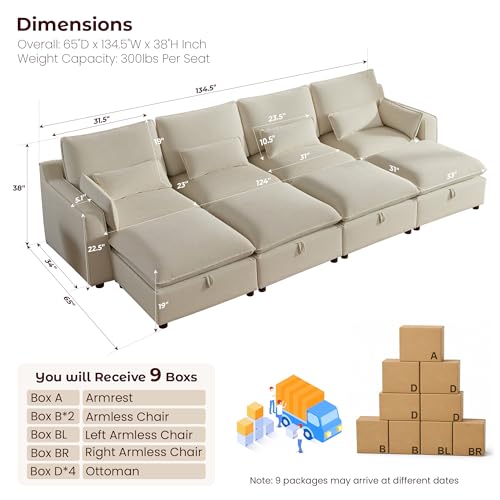 Image of WorthFurni Modern Modular Sectional Sofa,134 inch Sleeper Sofa Bed Sectional Cloud Couch with Storage Ottoman,Comfty 8 Seat Sofa for Living Room,Beige Chenille
