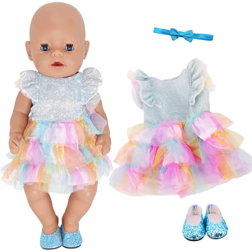 3Pcs Baby Doll Clothes for 14-18 Inch Doll 30-45cm Baby Doll, Shiny Sequin Style Baby Doll Accessories, Blue Color Doll Dress Shoes Headdress Sweet Cartoon New Born Baby Doll Clothes for Kids Birthday