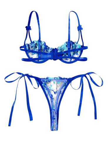 Image of Lilosy Sexy Tie Side Cute Underwire Push Up Strappy Embroidered Mesh Sheer Lingerie Set