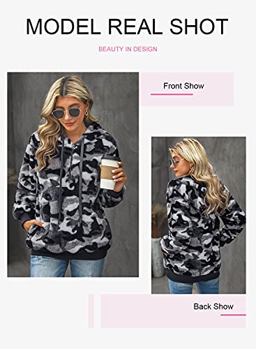 Dokotoo 2023 Camo Camouflage Print Hoodies For Women Pullover Winter Plus Size Fuzzy Cozy Fleece Casual Ladies Loose Oversized Sweatshirt Hooded Sweater With Pockets Outerwear Tops Grey X-Large #TOP3
