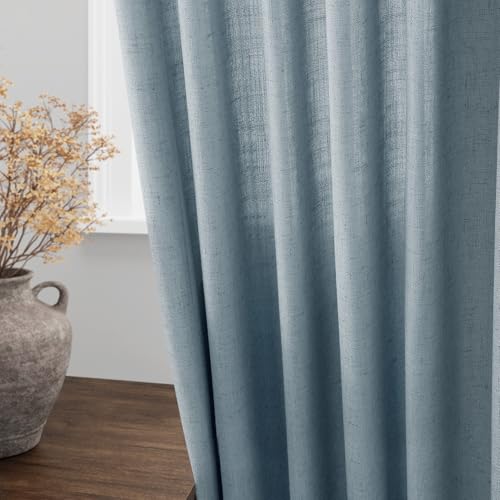 Image of Nanspring Light Blue Linen Curtains 84 Inch Length 2 Panels Set for Living Room Rod Pocket Back Tab Light Filtering Window Drapes for Bedroom Dining Room Protect Privacy Modern Farmhouse Decor 52x84