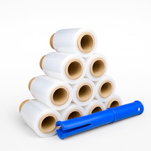 Mini Stretchfolie transparent 10 cm, 23 µm, 150 m – Handstretchfolie auf Rolle für Verpackung, Umzug und Lager – Wickelfolie für Haushalt & Büro (10 Stück + Abroller)