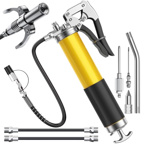 Neulriscn Grease Gun with Coupler 1/8NPT, 10000PSI Heavy Duty Pistol Grip Grease Gun Set with Grease Injector Needle, 6-Jaw Couplers, Sharp Nozzle, 18" Spring Flex Hose, Standard Hose