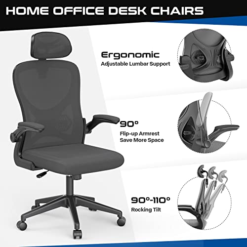Laziiey Home Office Chairs With Flip Up Arms, Comfortable Computer Desk Chair With Wheels Adjustable Headrest And Lumbar Support For Home Office (Black) #TOP1