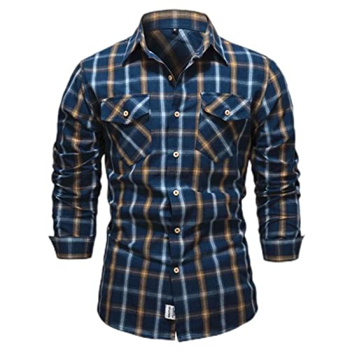 Fujian Friday Camisa casual de algodón a cuadros para hombre, camisa de vestir social de lujo, camisa de manga larga, camisa a cuadros para hombre, azul marino, talla L de EE. UU., 70-80 kg