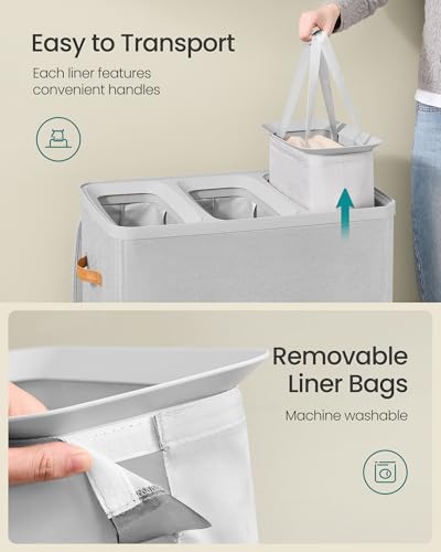Image of SONGMICS Laundry Basket, 50.2 Gal. Laundry Hamper, 3 Compartments, Easy Assembly, with Lid and Handles, Removable Liners, 25.2 x 15.7 x 29.5 Inches, Dove Gray ULCB814GD01