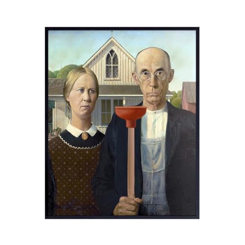 Vintage Humor Bathroom Decor - 11x14 Funny Bathroom Wall Art - American Gothic Plunger Parody, Classic Print for Powder Room, Toilet, Restroom - Farmhouse Home Decorations, Gag Gift for Art Lovers