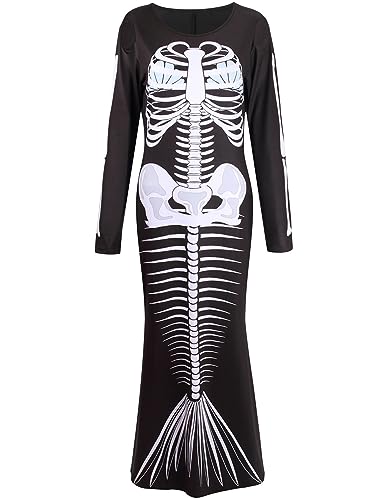 GRAJTCIN Mermaid Skeleton Halloween Costume for Women Plus Size Day of The Dead Maxi Dress Scary Cosplay Outfit (XL, Skeleton Mermaid)