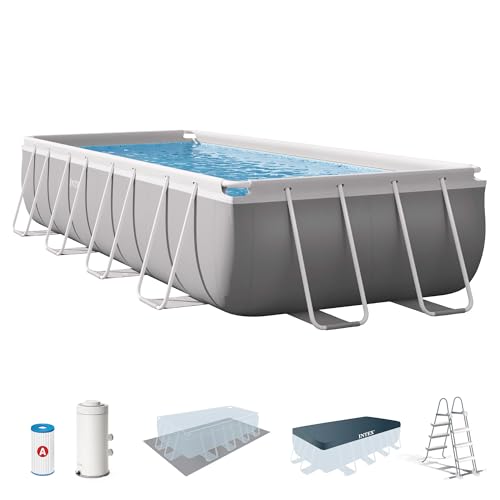 Intex 26792NP – Piscina Fuori Terra Prisma Frame Rettangolare, Pompa Filtro 3785 L/h, Scaletta, Telo Base e Copertura, 10874 L, Acciaio e PVC, Grigio, 488x244x107 cm