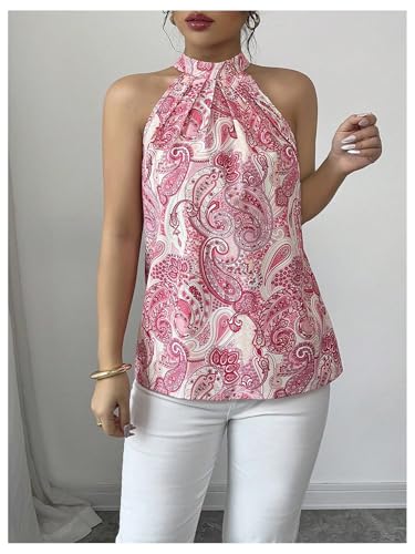Image of RoseSeek Women's Tropical Paisley Halter Blouse Boho Shirt Vacation Tops