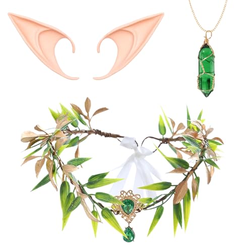 GYIOFAI 3 Pièces Fée D'Elfiques, Forest Fairy Costume Accessories, WoodlandFairy Crown Headband Pixie Elf Ear VikingNecklace, Renaissance Elf Costume pour...