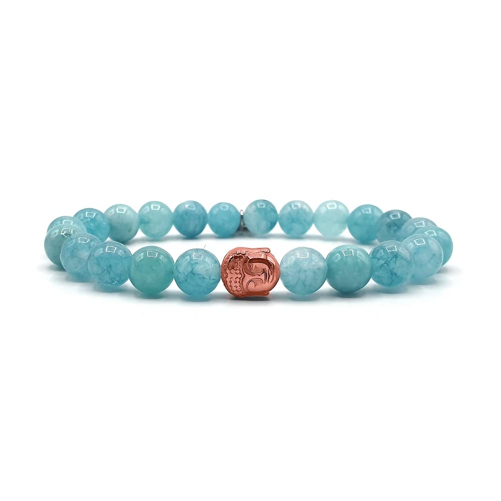 KARDINAL WEIST Rose Buddha Aquamarine Bracelet, Gemstone Beads, Power Stone Jewellery for Men and Women, Chakra - Lucky Charm - Friendship (XXL+, Blanco)