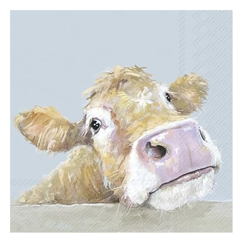 Serviettes de table carrées en papier 33 cm 3 plis Motif vache Bella Bleu clair
