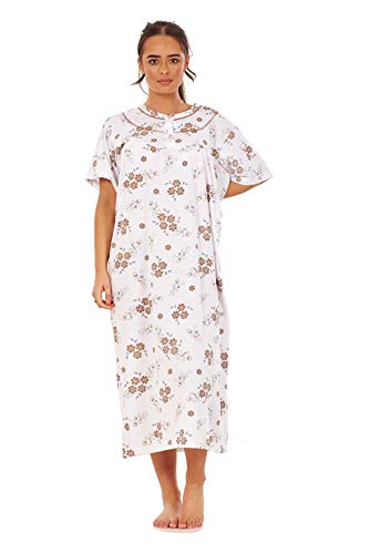 Image of Malay Women Long Nightdress 100% Cotton Floral Button Short Sleeve Nightwear M to 3XL Grey