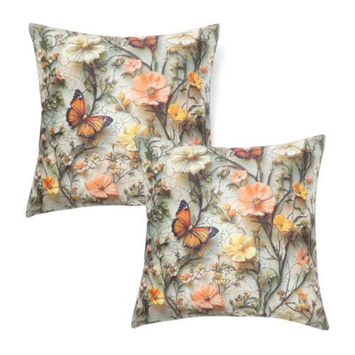 Image of HOKIPO 'Nature Muse 7D' Premium HD Printed Holland Velvet Sofa Cushion Cover | 16x16 Inch (40x40 cm) | Pack of 2, Butterfly Orchard (IN-923-D3*2)