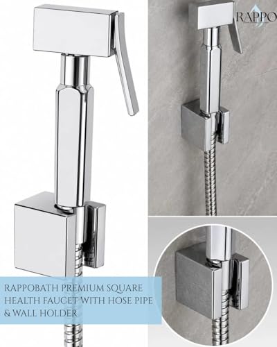 Image of RAPPO Solid Brass Health Faucet with Flexible Hose and Wall Hook Chrome Finish Handheld Jet Spray for Toilet Bathroom Accessory Durable Easy Install Utility Set (new Square with Hose and Hook)
