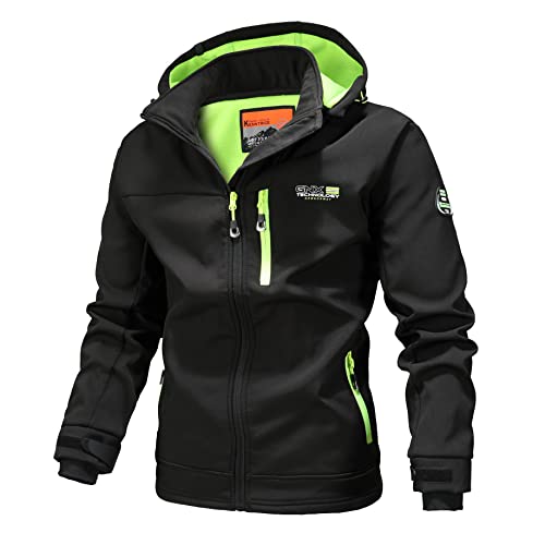 Image of Men's Zip Up Softshell Jackets Fleece Lining Waterproof Hooded Jacket Black Windbreaker Men Mul-Pockets Medium