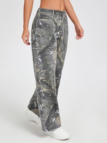 Baggy Camo Pants Women Mid Rise Wide Leg Camouflage Jeans Elastic Waist Army Fatigue Denim Sweatpants3