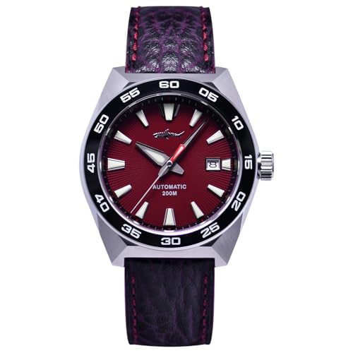 LURCAN Heimdallr Series Cowhide Strap Men's Automatic Diver Watch NH35A Movement 200m Waterproof Mechanical Wristwatch with Sapphire Crystal and C3 Super Luminous(Red Dial)