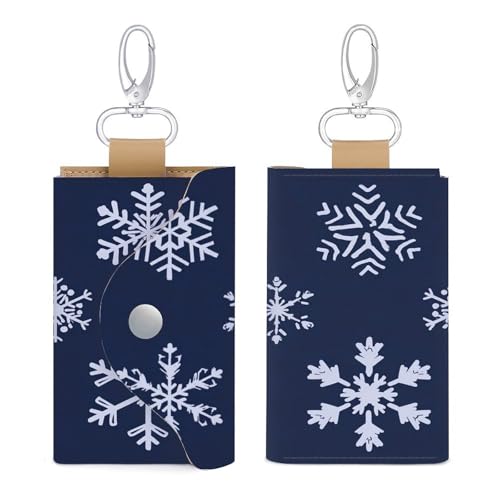Snowflakes Simple Minimalistic Navy Blue Key Holder Bag PU Leather ID Card Holder Keychains Case Cover for Men Women3