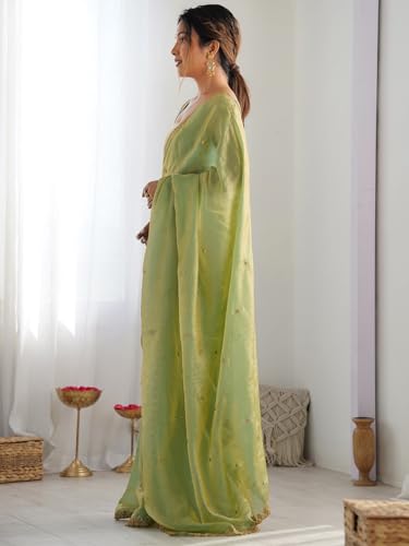 Image of AKHILAM Women's Light Green Paper Silk Embroidered Saree With Unstitched Blouse Piece