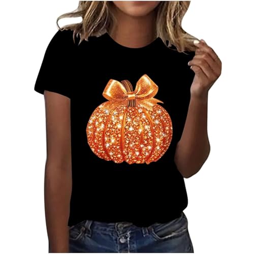 Thanksgiving T Shirts for Women 2025 Sparkly Glitter Pumpkin Bow Graphic Tees Cute Holiday Fall Clothes Funny Gifts Retro Party Sequin Tops Casual Crew Neck Pullover Short Sleeve Petite Blouse