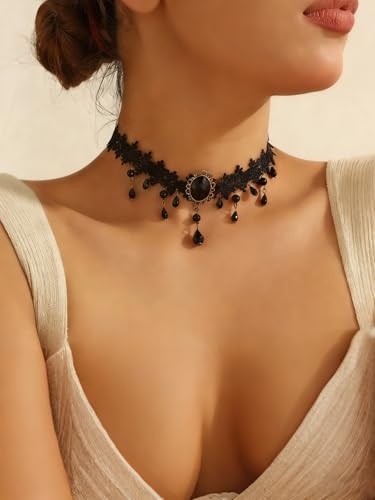 iamrzye Lace Collar Necklace for Women Black Crystal Lace Pendant Choker Necklaces Elegant Artistic Chain Tassel Necklace Vintage Velvet Necklaces Halloween Party Cosplay Costume Jewelry