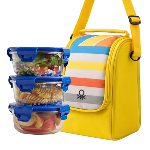 Image of United Colors of Benetton Lunch Bag Set with 3 Glass Containers | Insulated Leakproof Tiffin Bag for Office, School & Travel | Durable, Stylish, BPA-Free Food Storage Kit (Yellow-Blue)