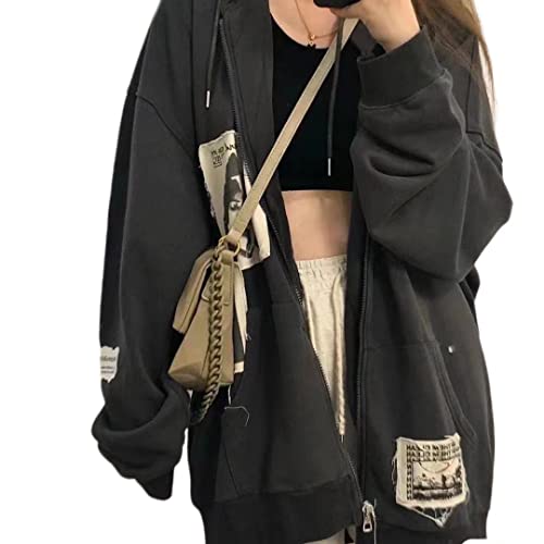 Women's Vintage Harajuku Gothic Y2K Zipper Hoodie Hip Hop Street Spring and Autumn Plus Size Loose Top Zipper Sweater Coat2