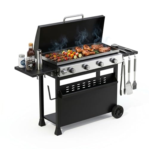 4 Burner Propane Gas Griddle, 32000 BTU 389 Sq.In Flat-Top, Convertible Stand/Tabletop, Weather-Ready Hood for Backyard Camping Tailgate