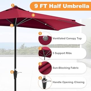 OLIXIS Half 9Ft Umbrella Outdoor Patio, Scalloped Patio Umbrella with Easy Crank, Sun Half Patio Umbrella for Balcony, Market, Garden, Red