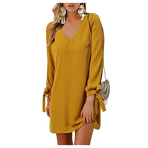 YOINS Damklänningar sexig axelfri T-shirt klänning sommarklänning för kvinnor V-ringad lång tunika brudklänning med rosett ärmar, GUL, XL