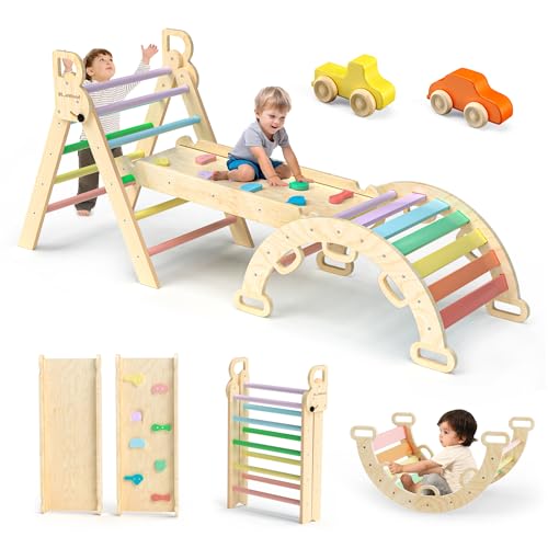 BlueWood Pikler Triangle Set 7in1 Foldable Toddler Climbing Toys Indoor Wooden Montessori Climbing Set with Arch & Ramp & Ladder Baby Climber Indoor Jungle Gyms for Toddlers 1-3 - Sky Blue