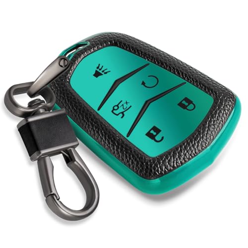 Image of Key Fob Cover for Cadillac, Leather-Style Keychain Tab, Green