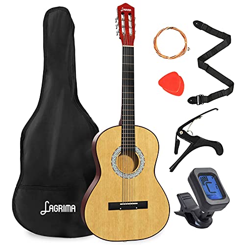 LAGRIMA 38 inch 4 4 Size Beginner Acoustic Guitar Set, Wood Acoustic Guitar Starter Kit with Gig Bag, Capo, Strap, Tuner, Picks & Steel Strings for Kids Beginners Adults (Natural)