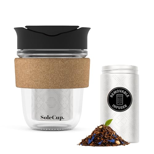 SoleCup. Travel Mug Loose Tea Infuser - Detachable Tea Strainer with Splash-Resistant Lid - BPA-Free Reusable Glass Travel Coffee Cup with Cork Band (Black, 12oz)