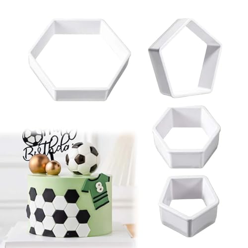 JUGUTA Juego De 4 Cortadores De Galletas De Fútbol, Cortadores De Galletas De Pentágono Blanco, Varios Tamaños, Molde Hexagonal Y Pentágono De Fútbol, Cortadores De Fondant Para Cupcakes, Sánd