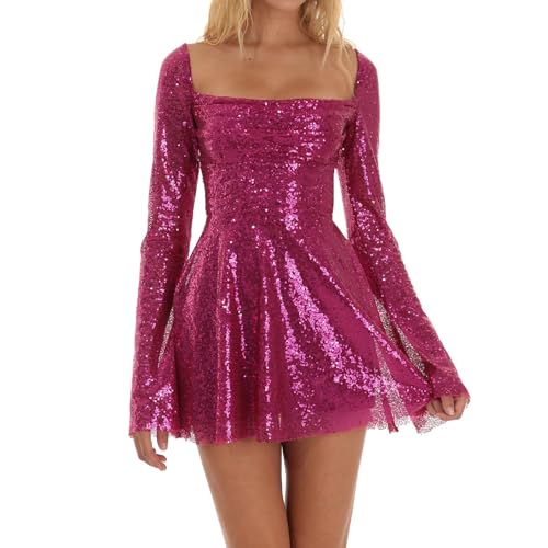 Image of Women Sparkle Sequins Mini Dress Sexy Tie Back Bodycon Dress Long Sleeve Shiny Evening Dresses Night Out Party Outfits
