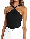 Rfirady Women's Neck Sexy Sleeveless Slim Criss Cross Knit Fitting Halter Tank Top Black M