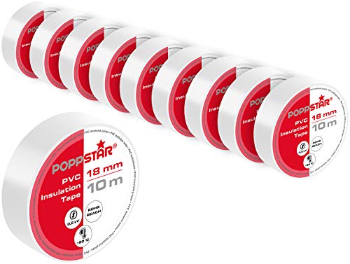POPPSTAR Nastro isolante in PVC 10 m (larghezza 18 mm, spessore 0,18 mm), bianco, 10 rotoli